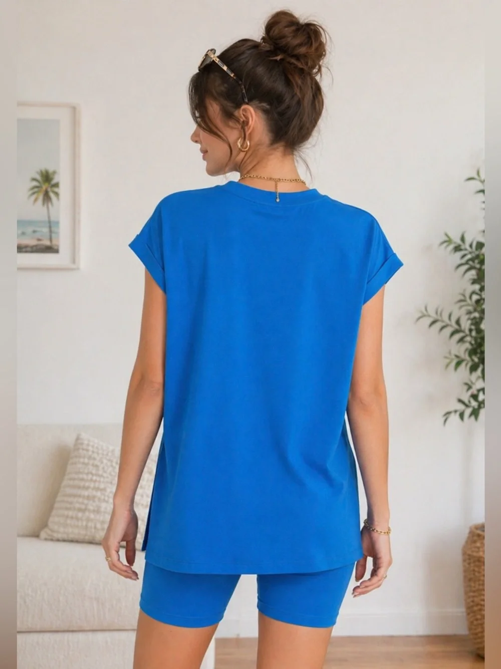 ZENANA Ocean Blue Relaxed Fit Lounge Set | Oversized Tee + Biker Shorts Sz L NWT